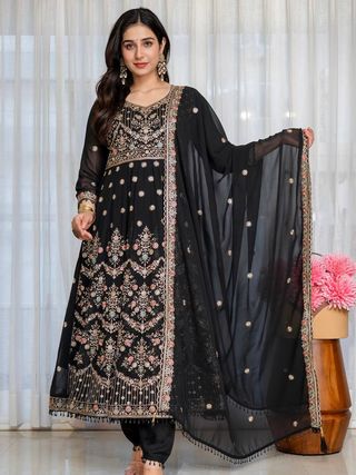 Black Anarkali Suit Set with Sequin Zari and Moti Lace Work