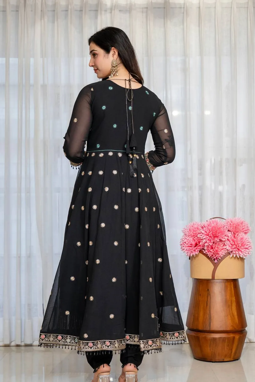 Black Anarkali Suit Set with Sequin Zari and Moti Lace Work