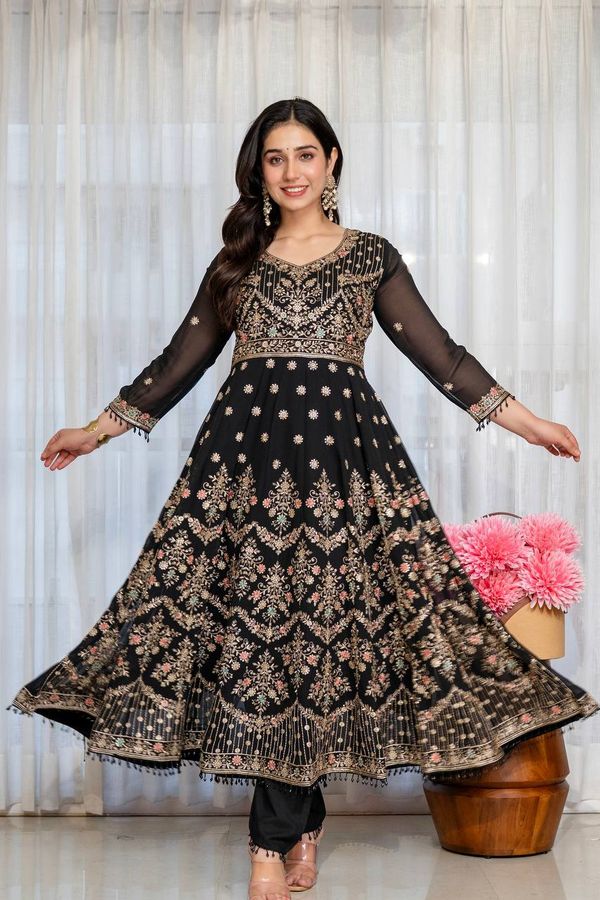 Black Anarkali Suit Set with Sequin Zari and Moti Lace Work