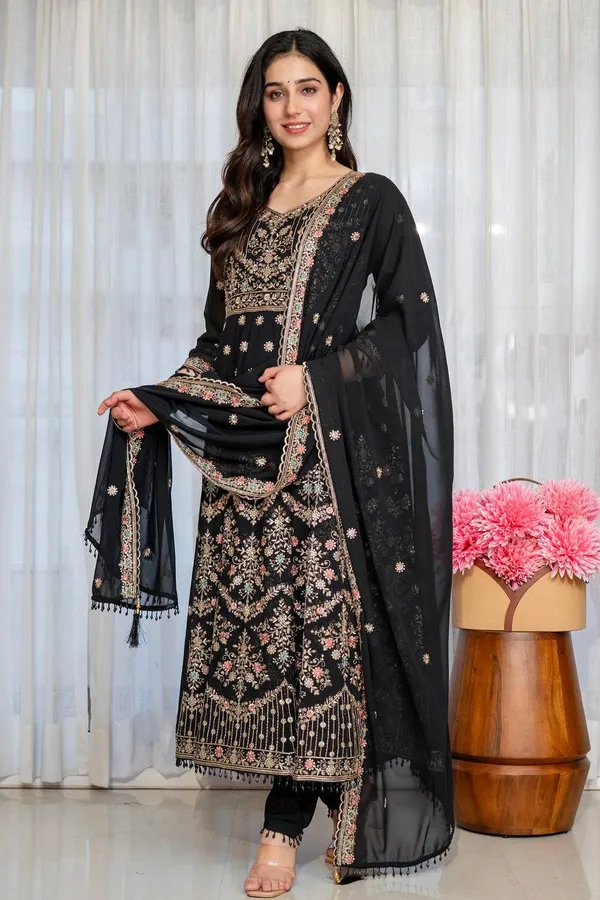 Black Anarkali Suit Set with Sequin Zari and Moti Lace Work