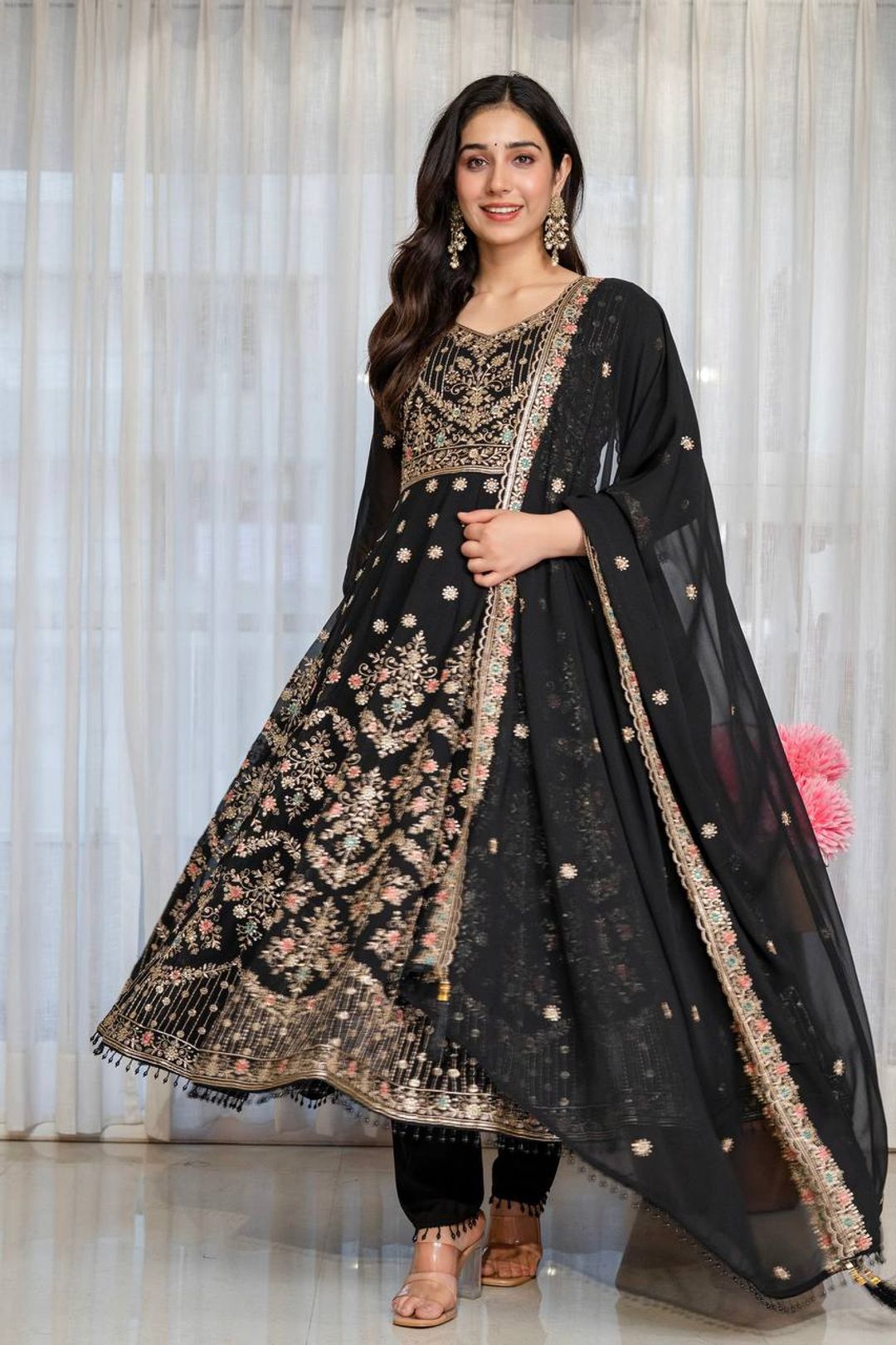 Black Anarkali Suit Set with Sequin Zari and Moti Lace Work