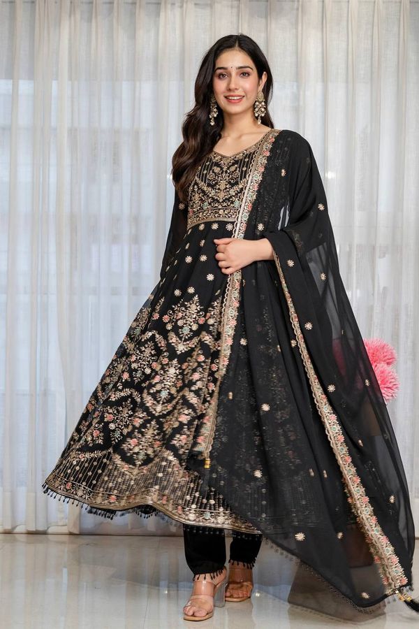 Black Anarkali Suit Set with Sequin Zari and Moti Lace Work