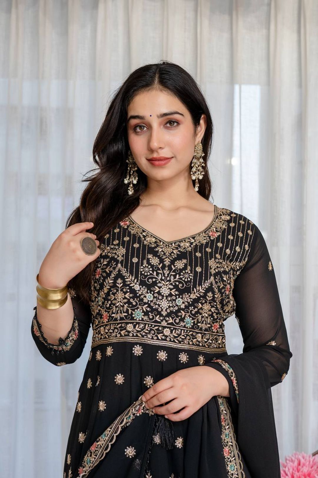 Black Anarkali Suit Set with Sequin Zari and Moti Lace Work