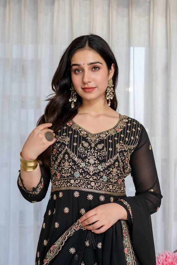 Black Anarkali Suit Set with Sequin Zari and Moti Lace Work