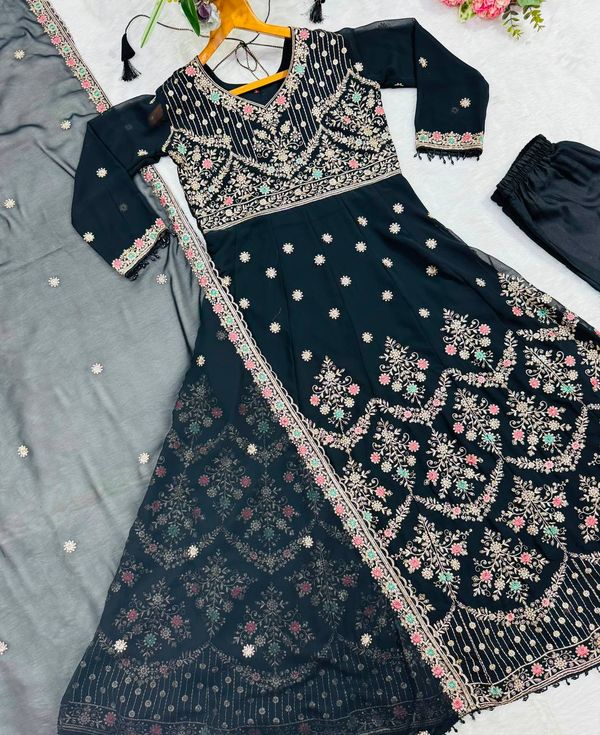 Black Anarkali Suit Set with Sequin Zari and Moti Lace Work