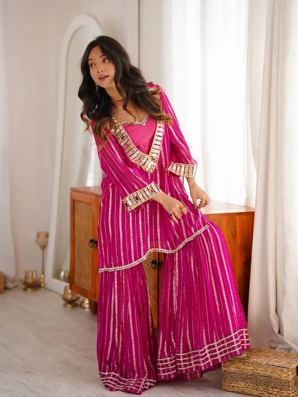 Pink Mirror Work Zari Sharara Suit Set Online - Varnavi