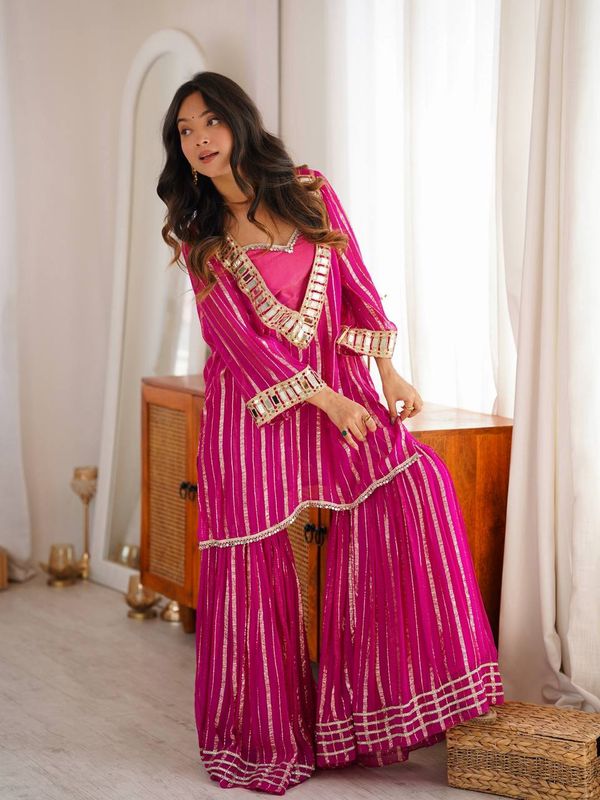 Pink Mirror Work Zari Sharara Suit Set Online - Varnavi