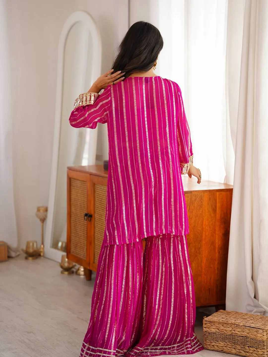 Pink Mirror Work Zari Sharara Suit Set Online - Varnavi