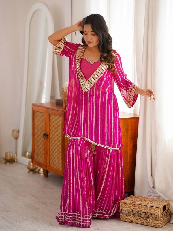 Pink Mirror Work Zari Sharara Suit Set Online - Varnavi