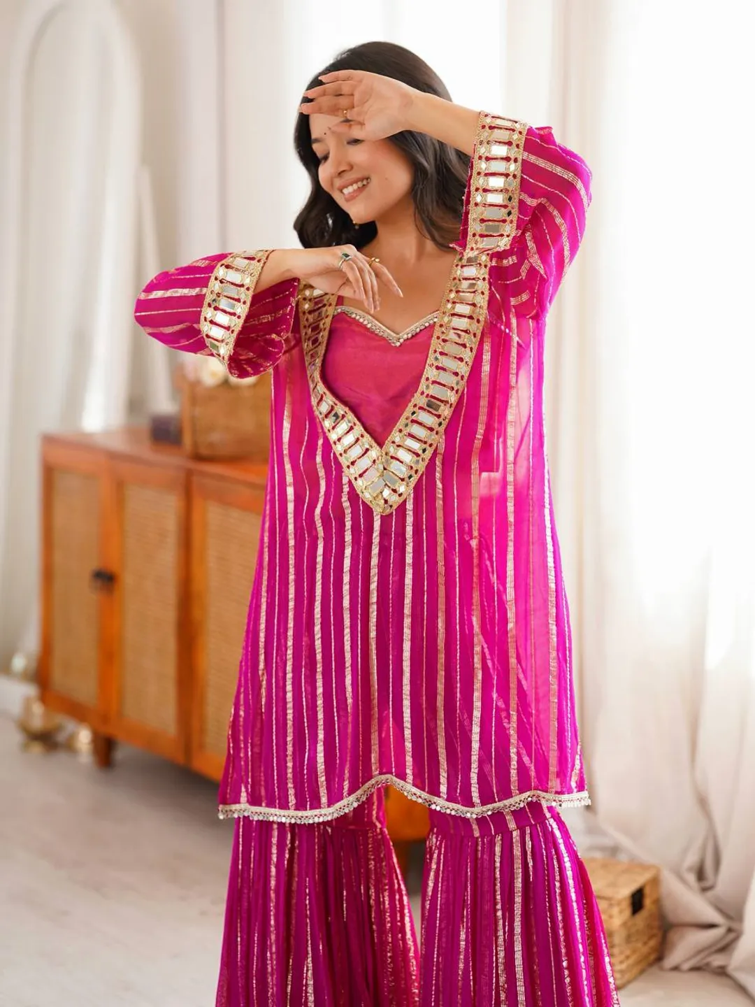 Pink Mirror Work Zari Sharara Suit Set Online - Varnavi