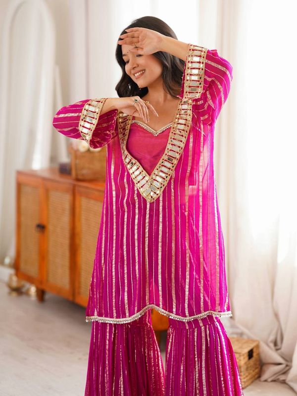 Pink Mirror Work Zari Sharara Suit Set Online - Varnavi