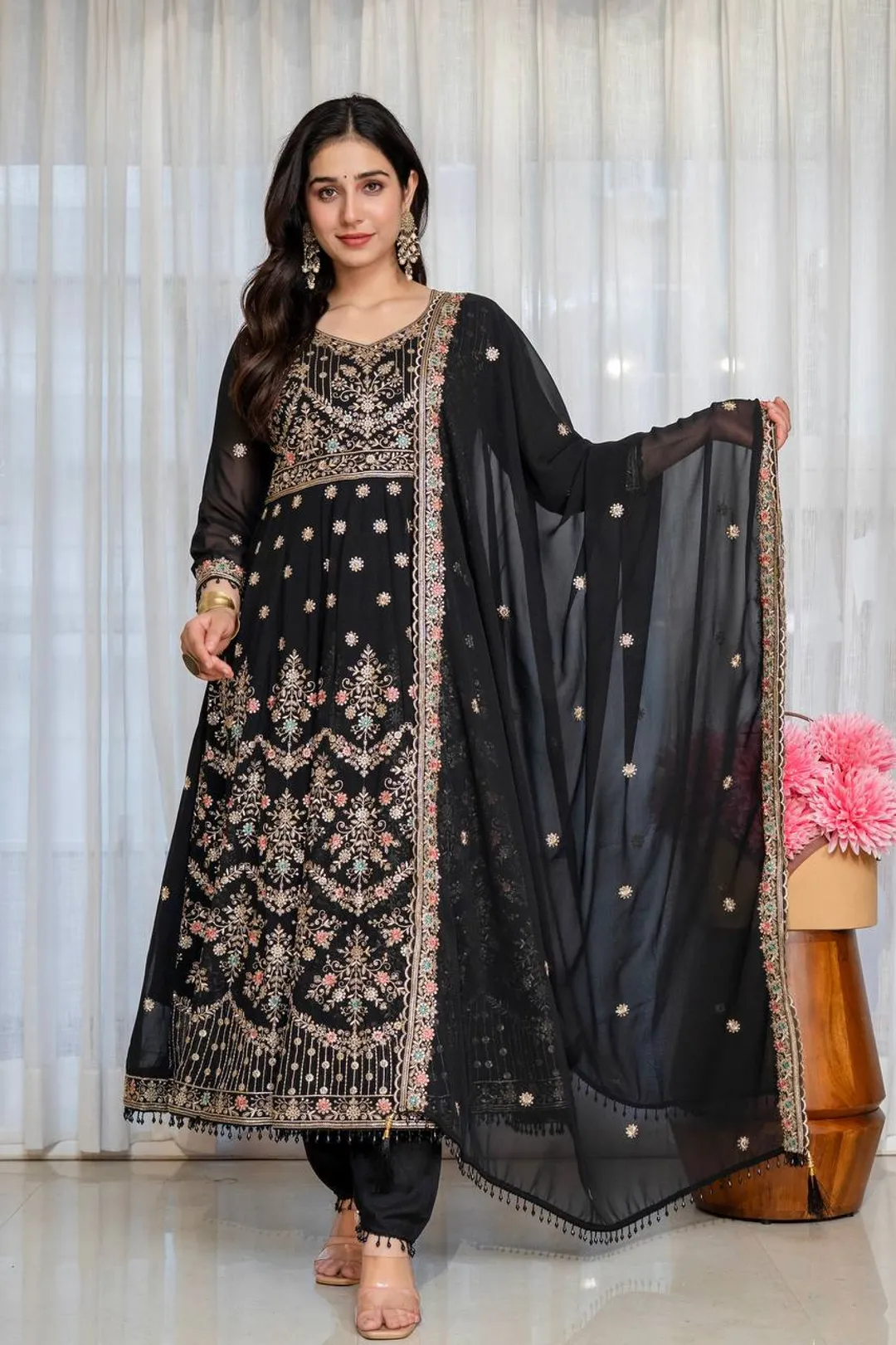 Black Anarkali Suit with Zari, Sequins & Moti Lace Work