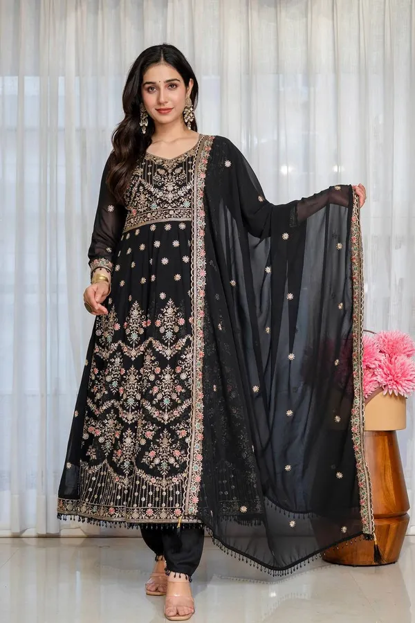 Black Anarkali Suit with Zari, Sequins & Moti Lace Work