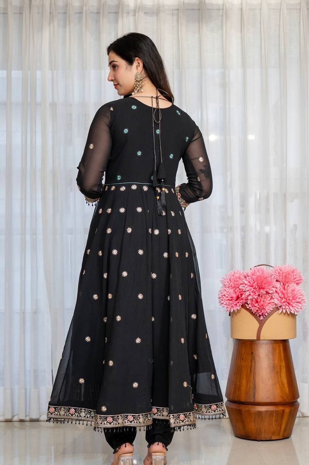 Black Anarkali Suit with Zari, Sequins & Moti Lace Work