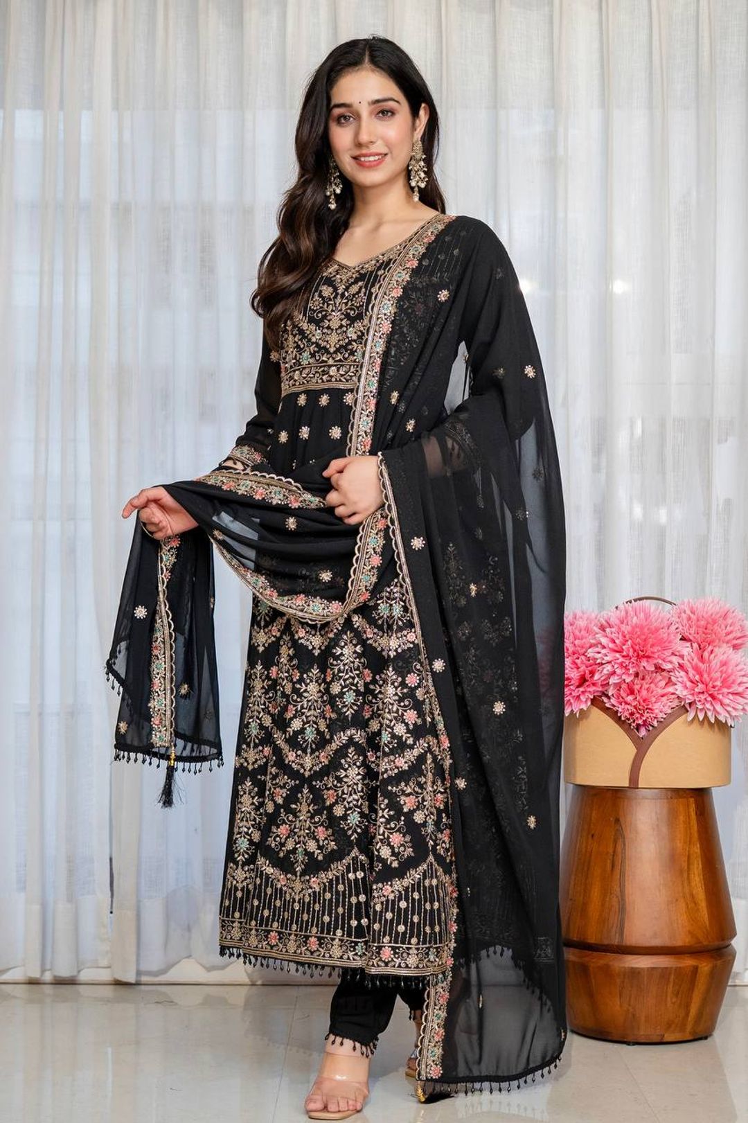 Black Anarkali Suit with Zari, Sequins & Moti Lace Work