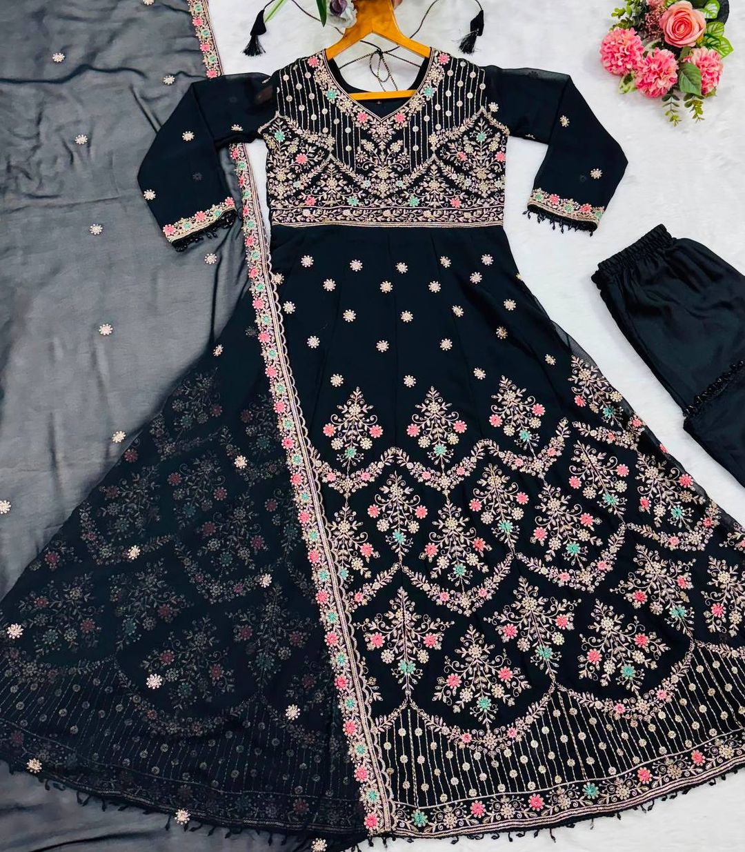 Black Anarkali Suit with Zari, Sequins & Moti Lace Work