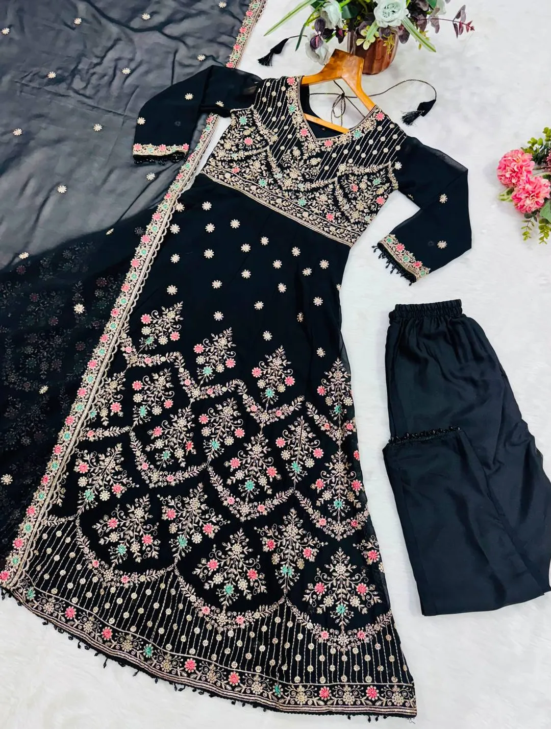 Black Anarkali Suit with Zari, Sequins & Moti Lace Work
