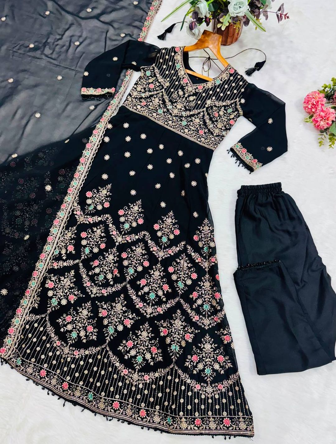Black Anarkali Suit with Zari, Sequins & Moti Lace Work