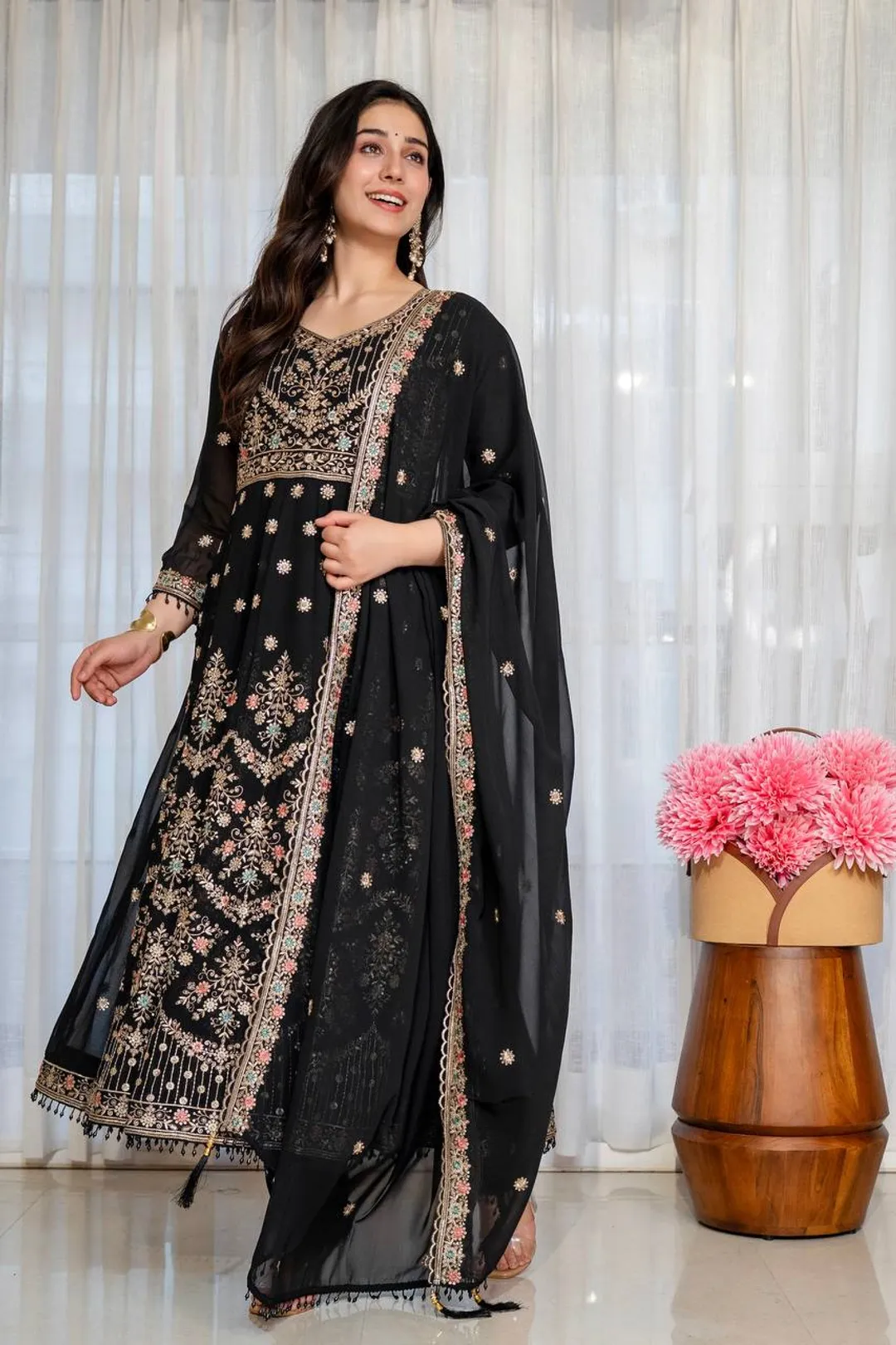 Black Anarkali Suit with Zari, Sequins & Moti Lace Work