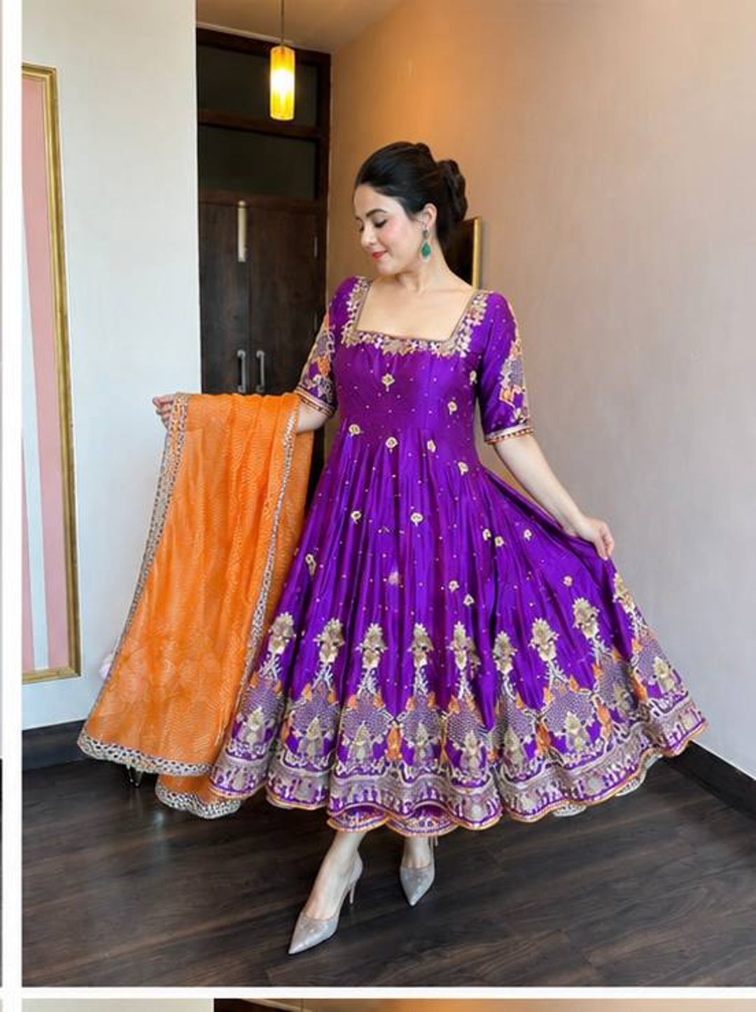 Purple Embroidered Silk Anarkali Suit Set for Weddings