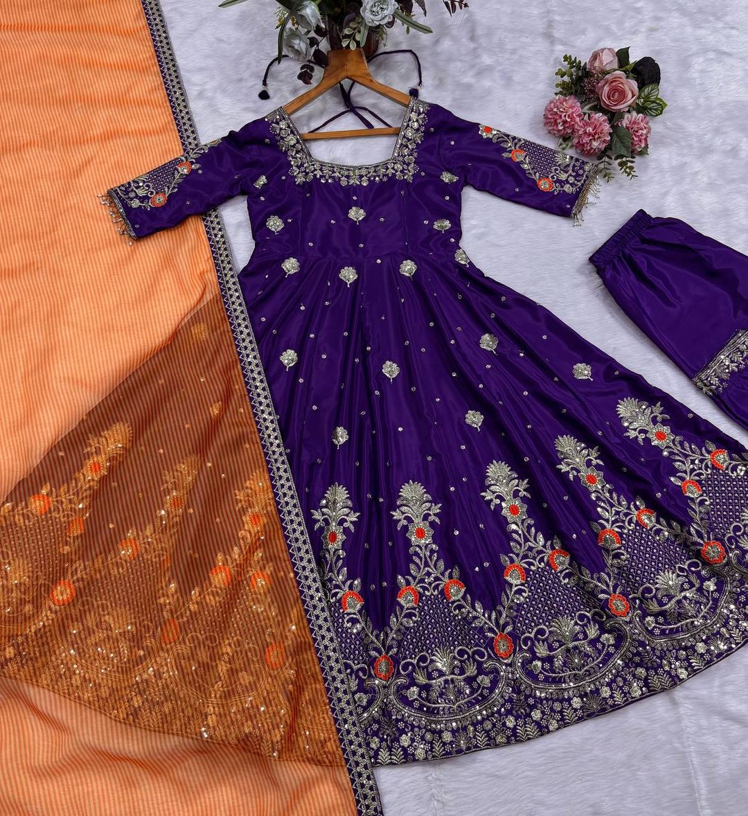 Purple Embroidered Silk Anarkali Suit Set for Weddings