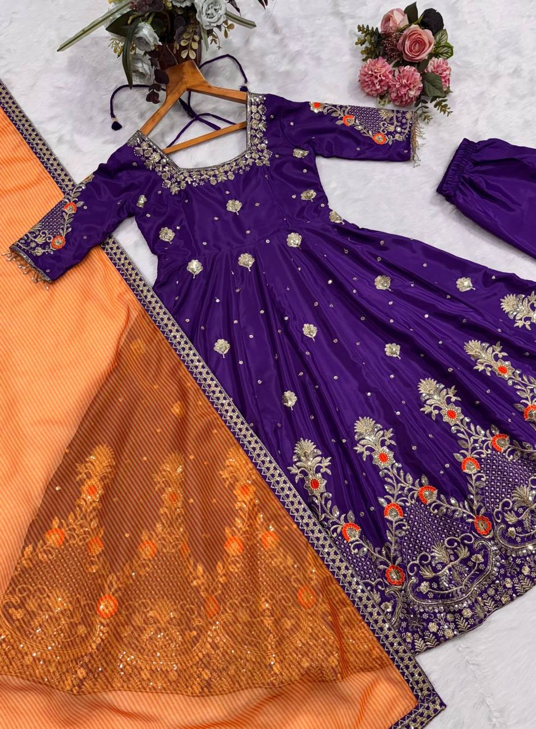 Purple Embroidered Silk Anarkali Suit Set for Weddings
