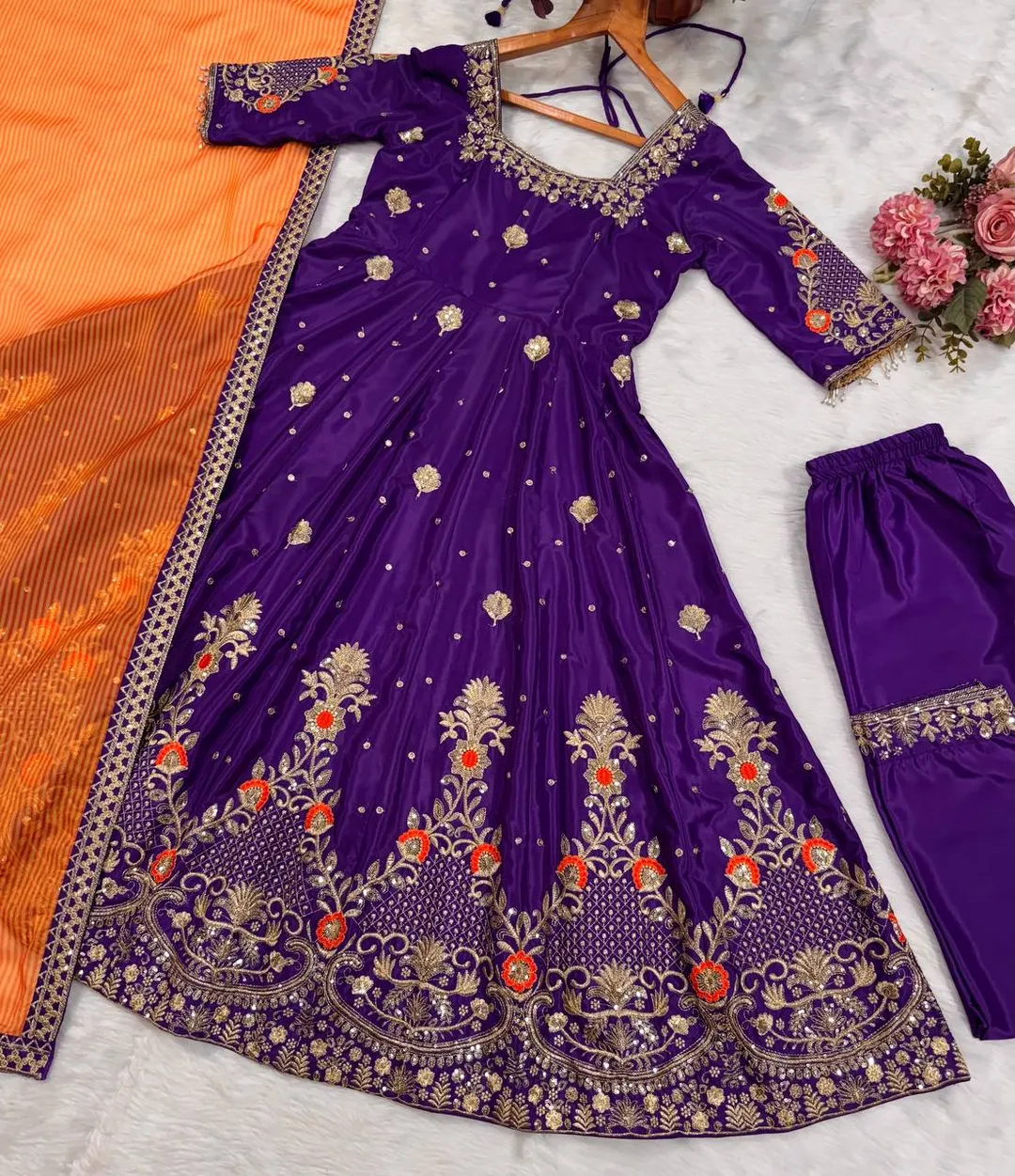 Purple Embroidered Silk Anarkali Suit Set for Weddings
