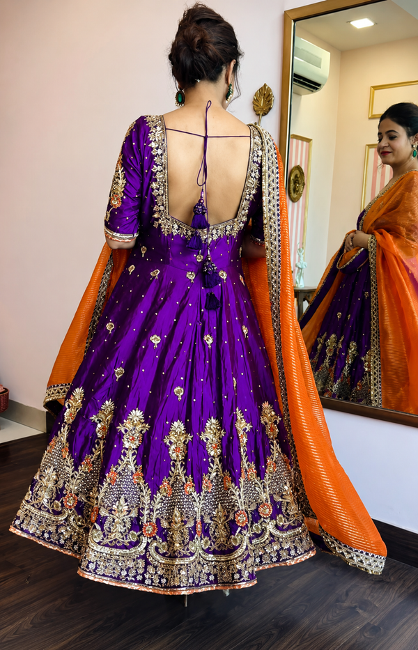 Purple Embroidered Silk Anarkali Suit Set for Weddings