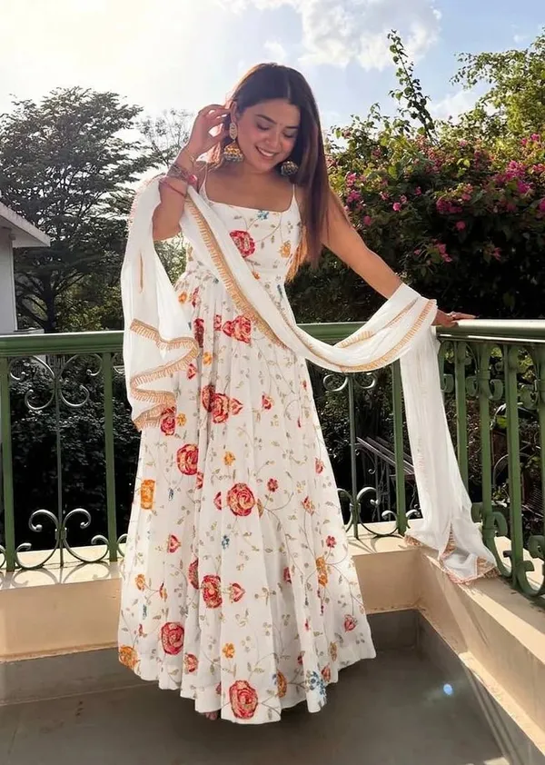White Floral Vichitra Silk Anarkali Suit Set | Varnavi