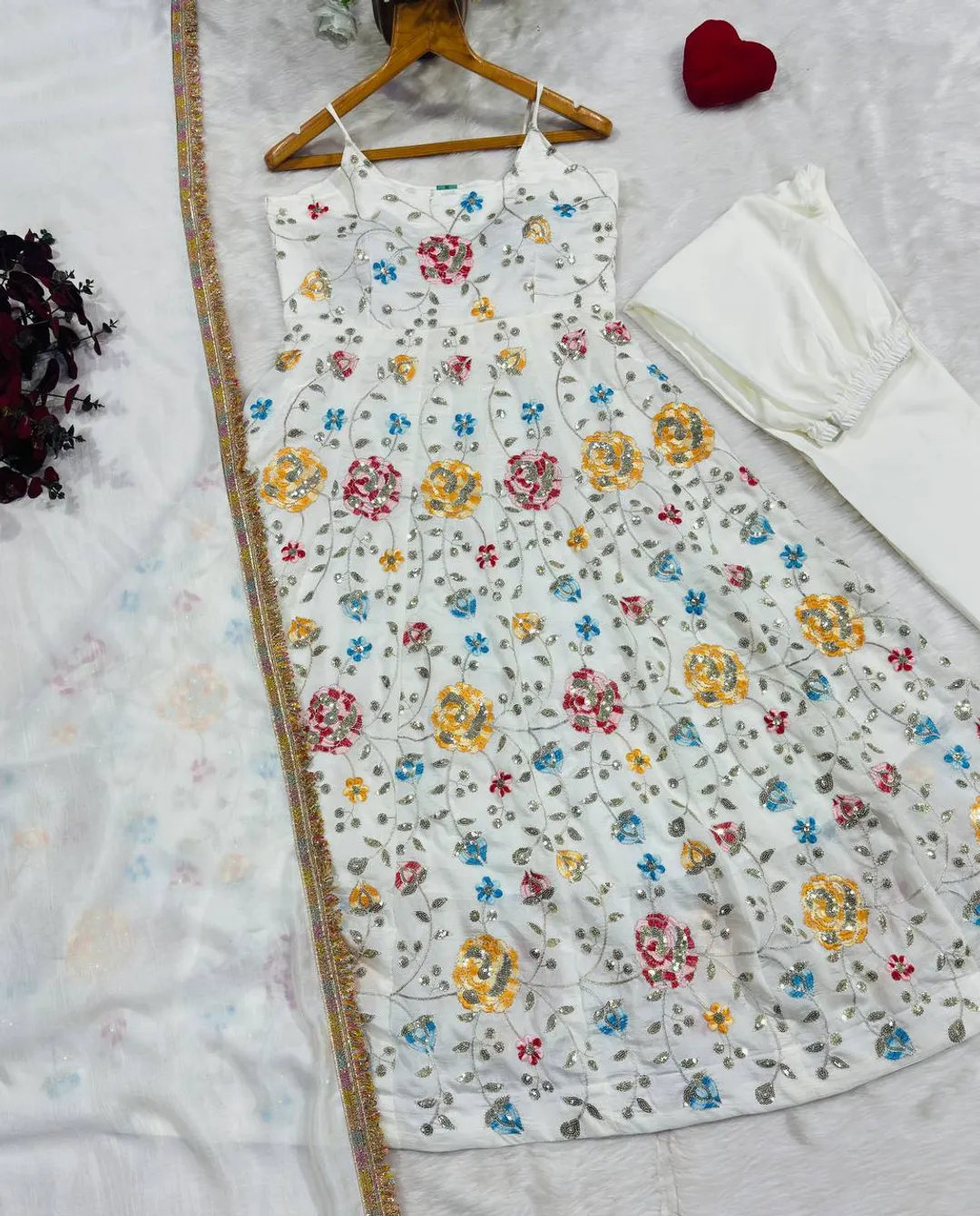 White Floral Vichitra Silk Anarkali Suit Set | Varnavi
