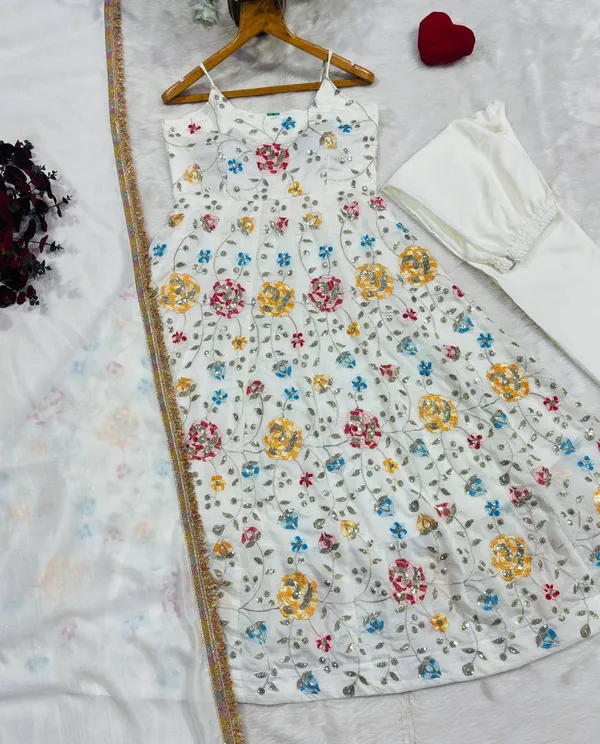 White Floral Vichitra Silk Anarkali Suit Set | Varnavi