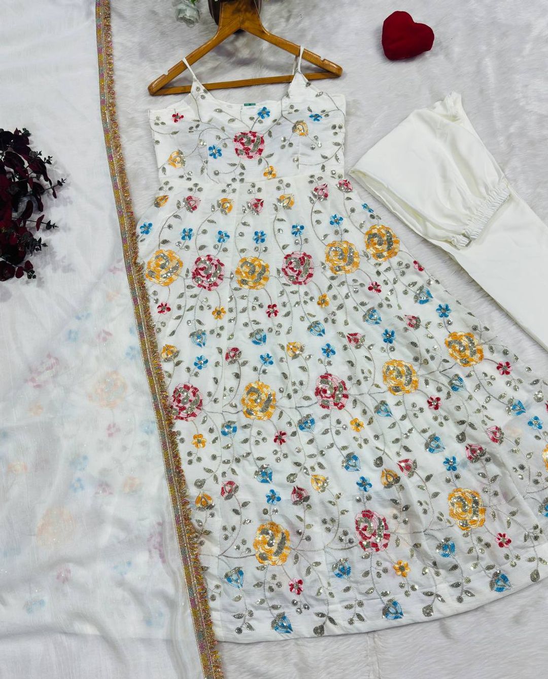 White Floral Vichitra Silk Anarkali Suit Set | Varnavi