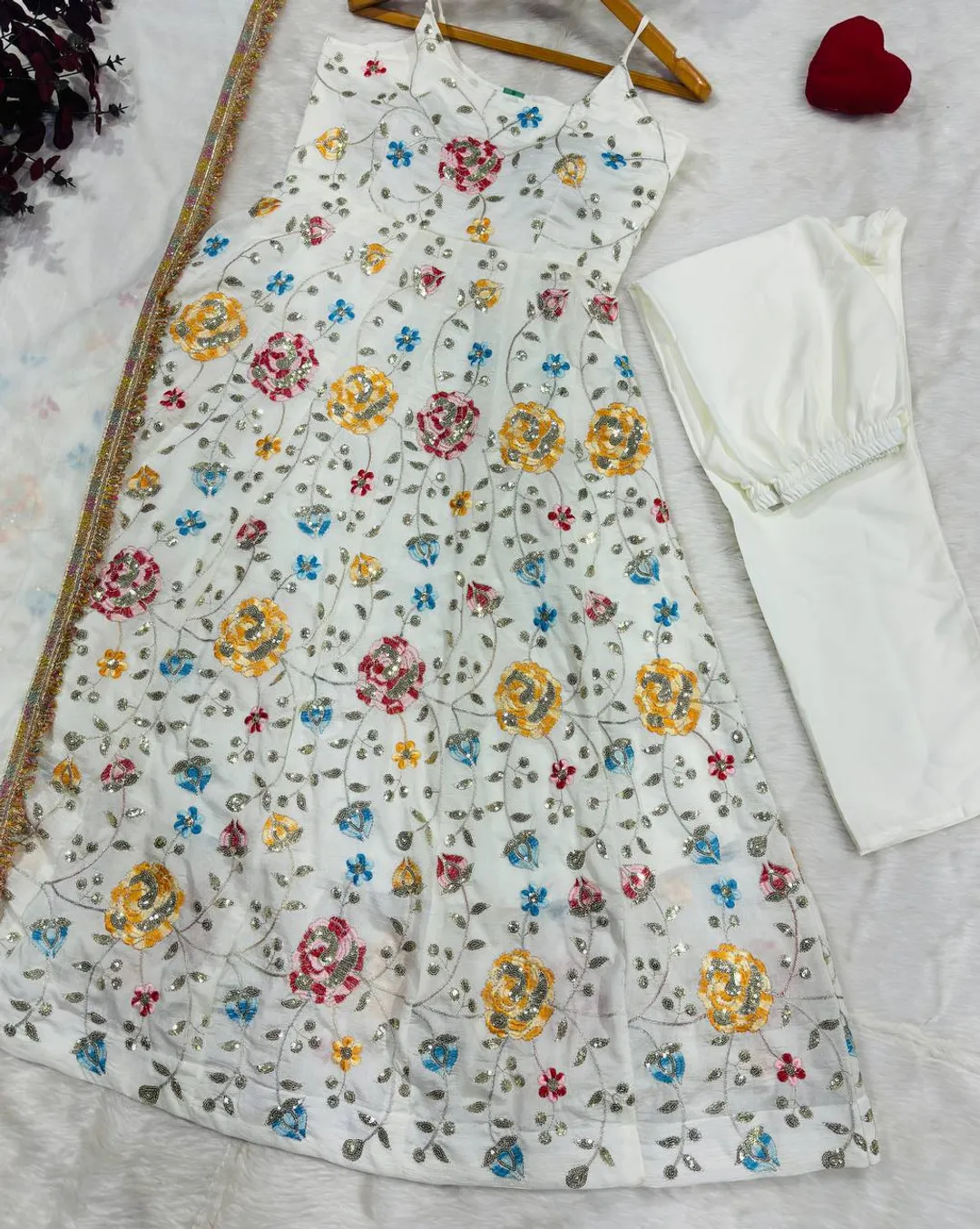 White Floral Vichitra Silk Anarkali Suit Set | Varnavi