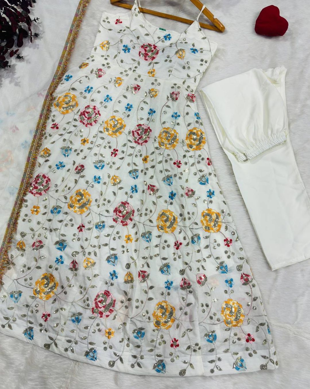 White Floral Vichitra Silk Anarkali Suit Set | Varnavi