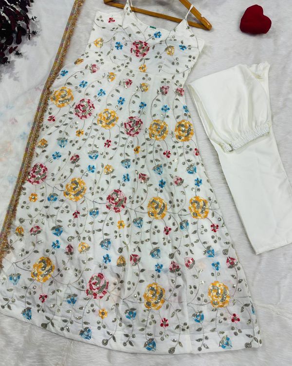 White Floral Vichitra Silk Anarkali Suit Set | Varnavi