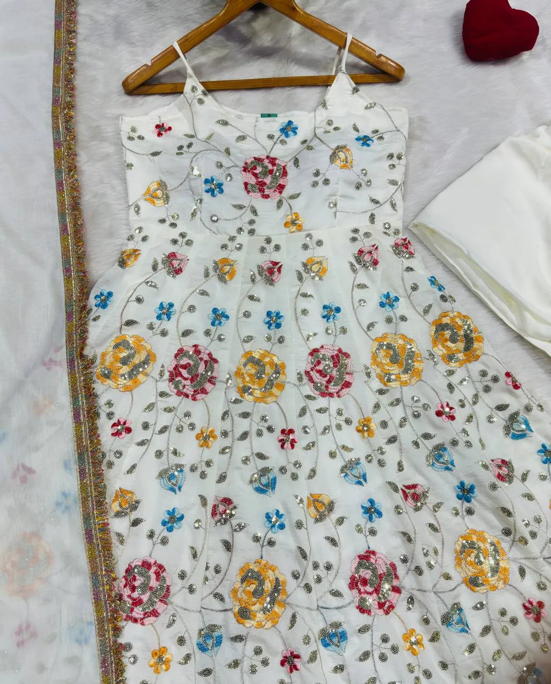 White Floral Vichitra Silk Anarkali Suit Set | Varnavi