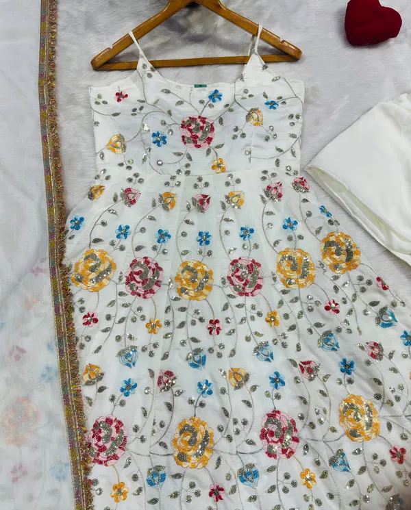 White Floral Vichitra Silk Anarkali Suit Set | Varnavi