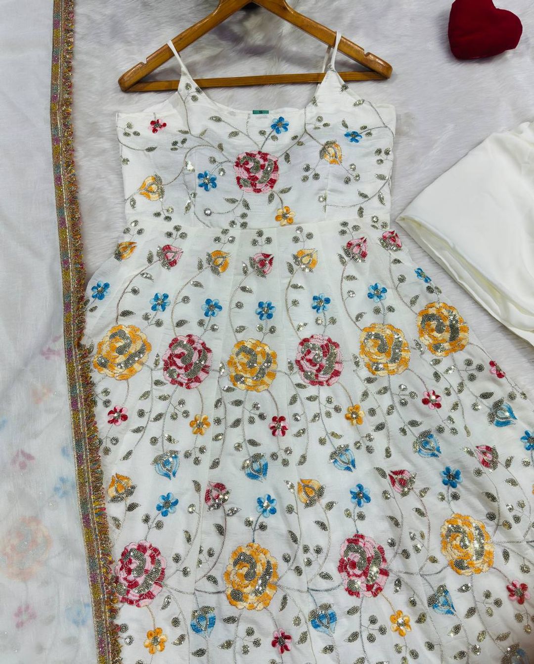 White Floral Vichitra Silk Anarkali Suit Set | Varnavi