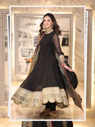 Black Embroidered Anarkali Suit Set with Zari Work