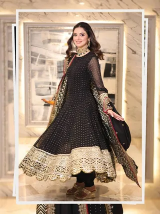 Black Embroidered Anarkali Suit Set with Zari Work