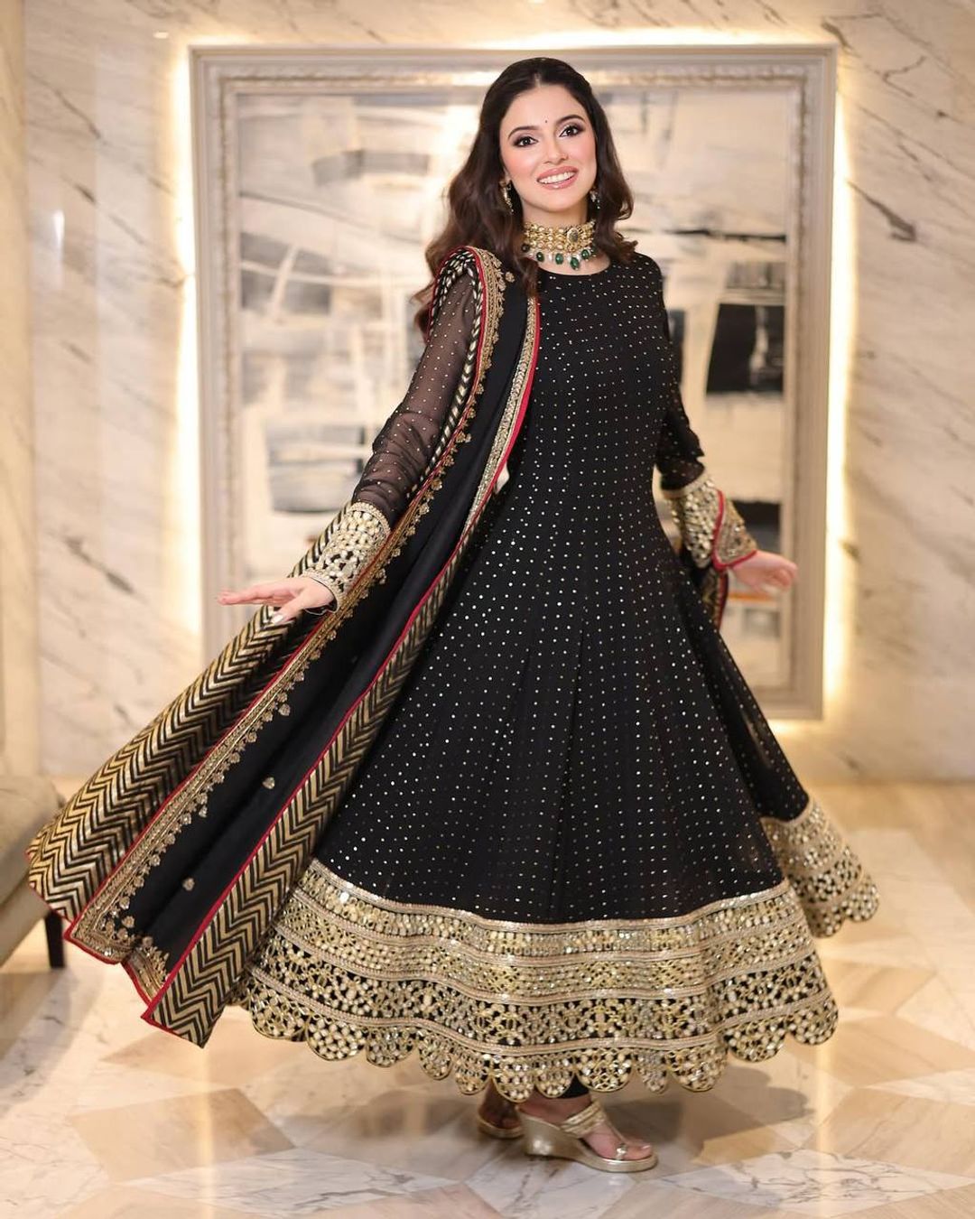 Black Embroidered Anarkali Suit Set with Zari Work