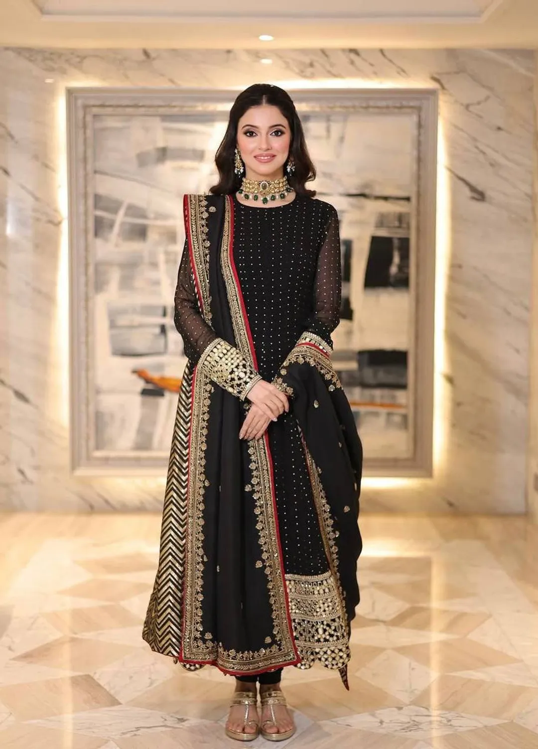 Black Embroidered Anarkali Suit Set with Zari Work