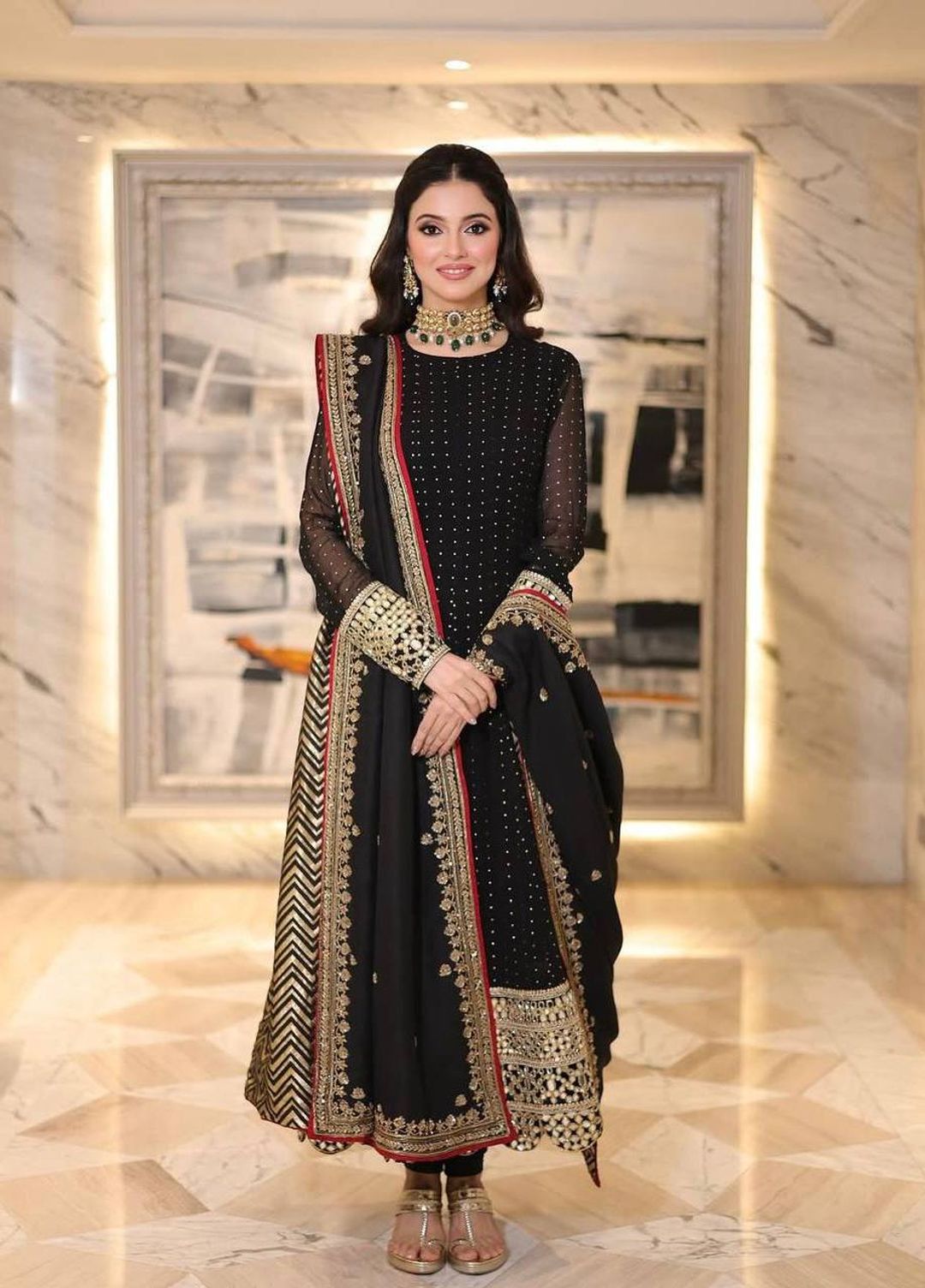 Black Embroidered Anarkali Suit Set with Zari Work