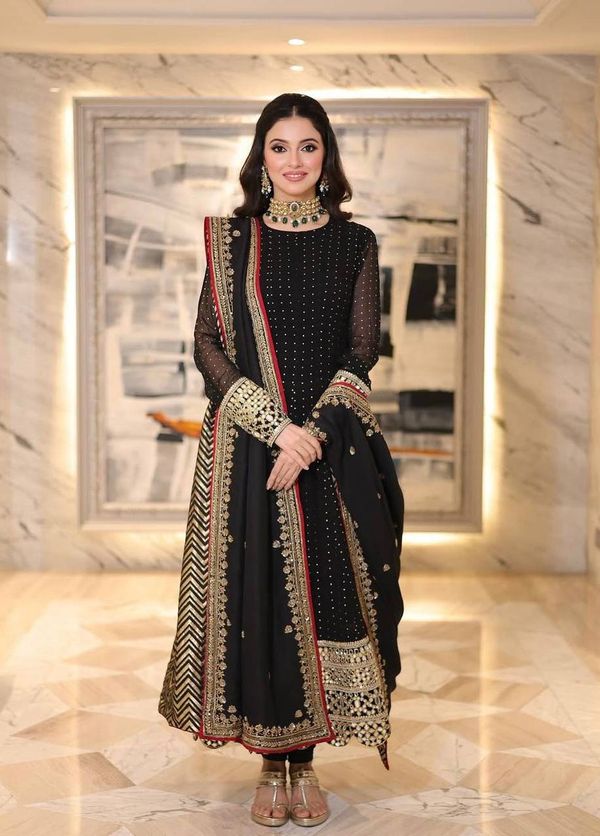Black Embroidered Anarkali Suit Set with Zari Work