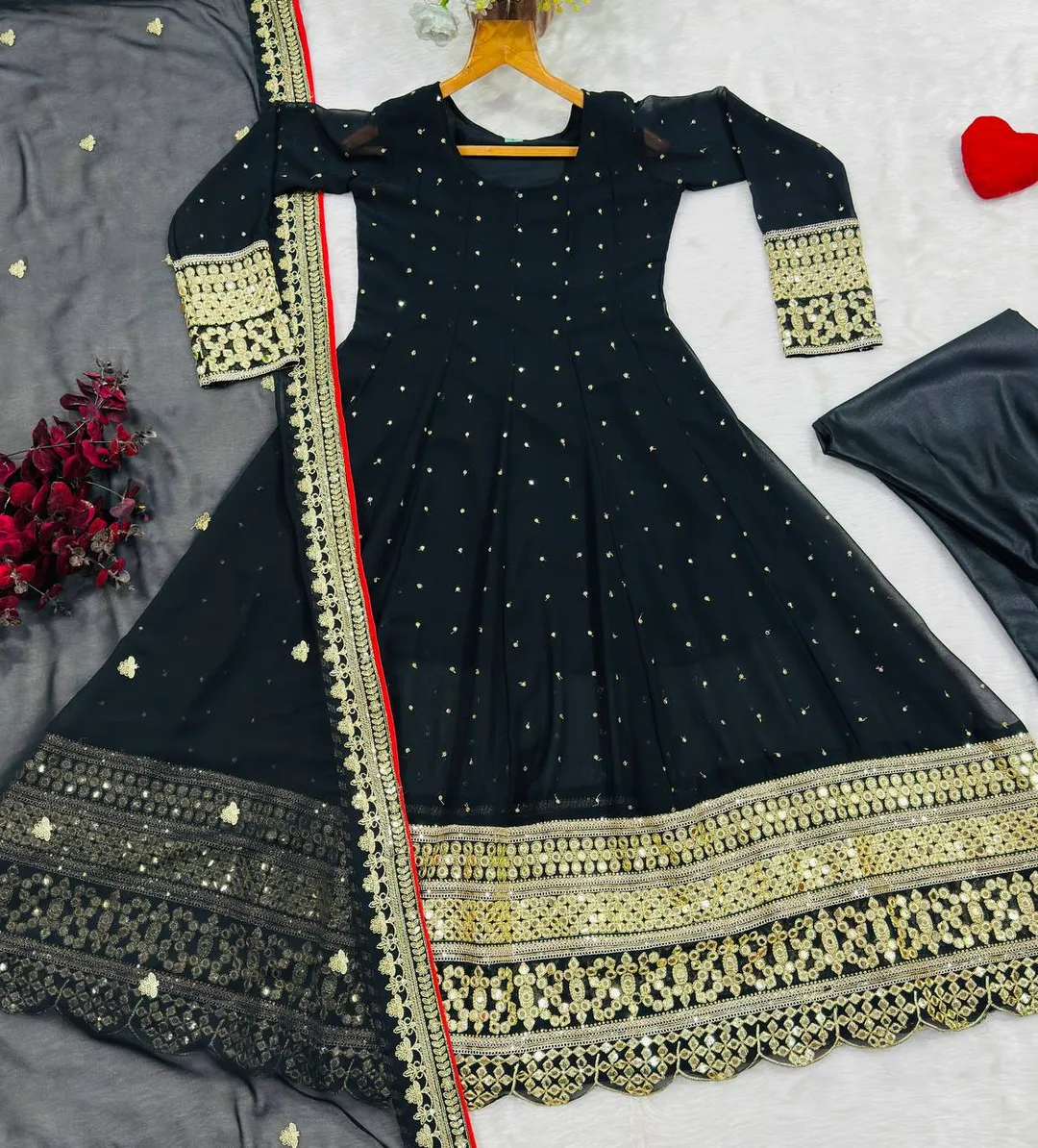 Black Embroidered Anarkali Suit Set with Zari Work