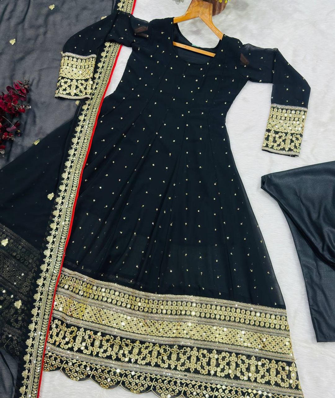 Black Embroidered Anarkali Suit Set with Zari Work