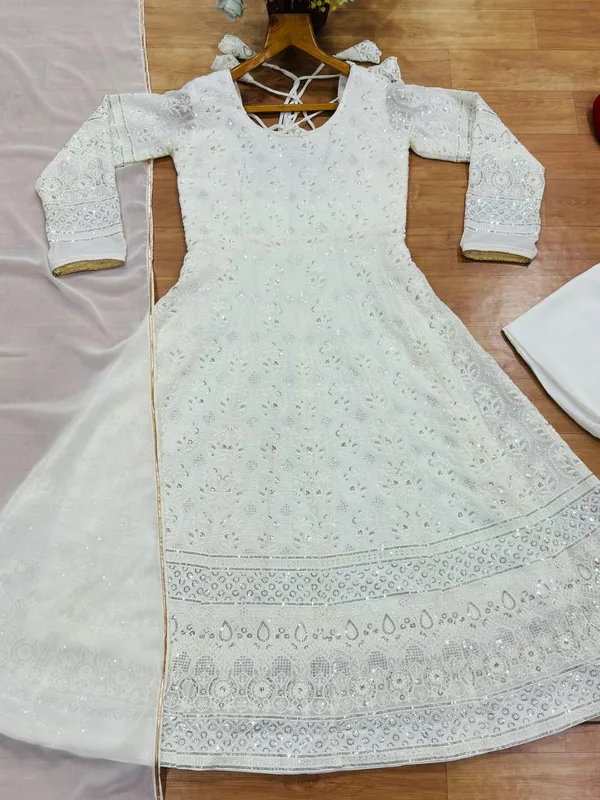 White Embroidered Anarkali Suit Set with Gota Patti Dupatta