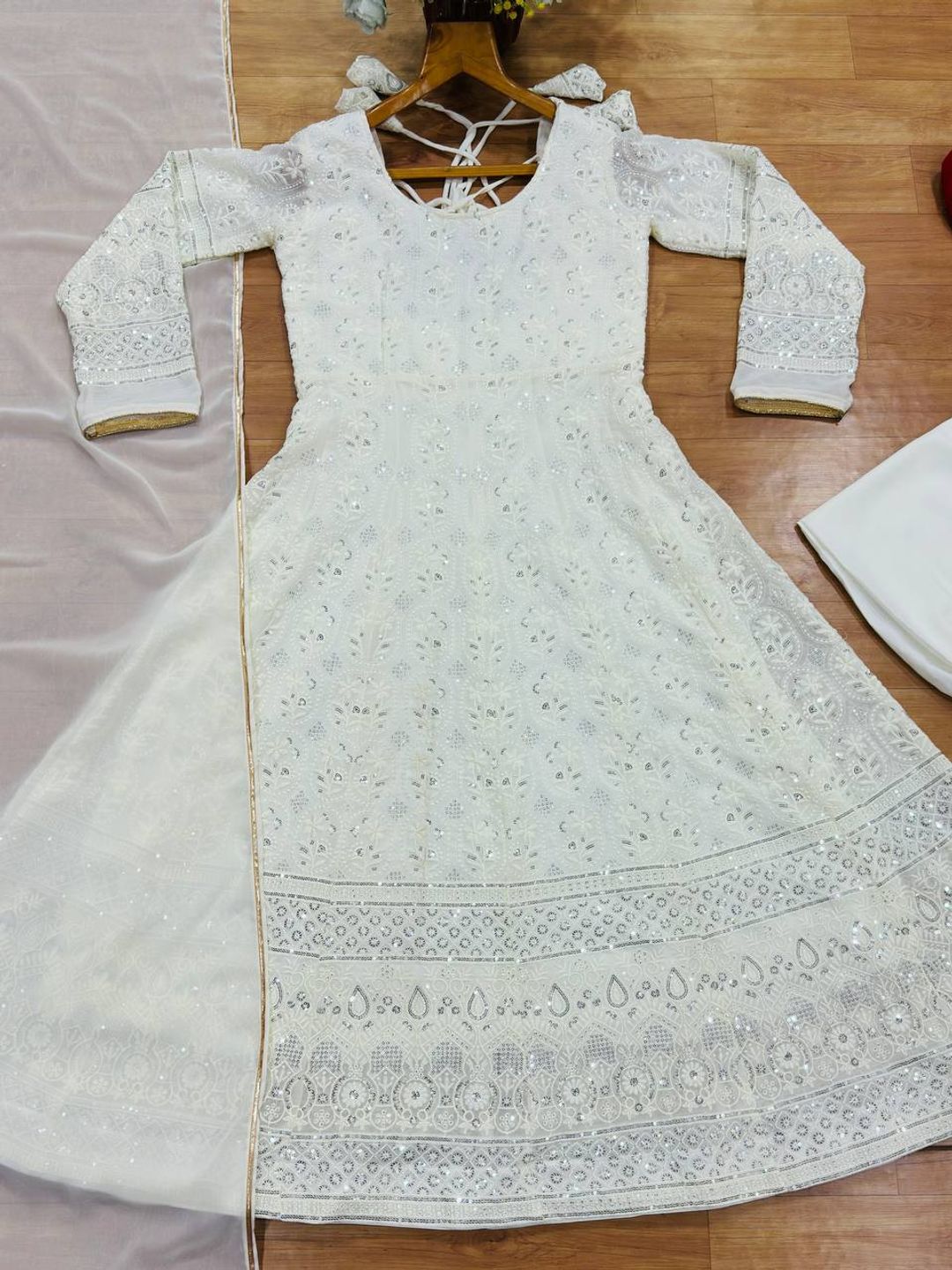 White Embroidered Anarkali Suit Set with Gota Patti Dupatta