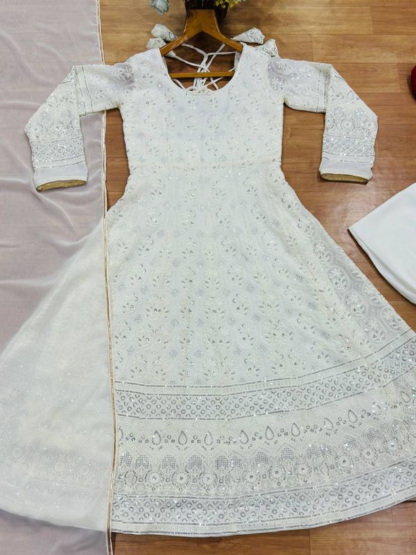White Embroidered Anarkali Suit Set with Gota Patti Dupatta