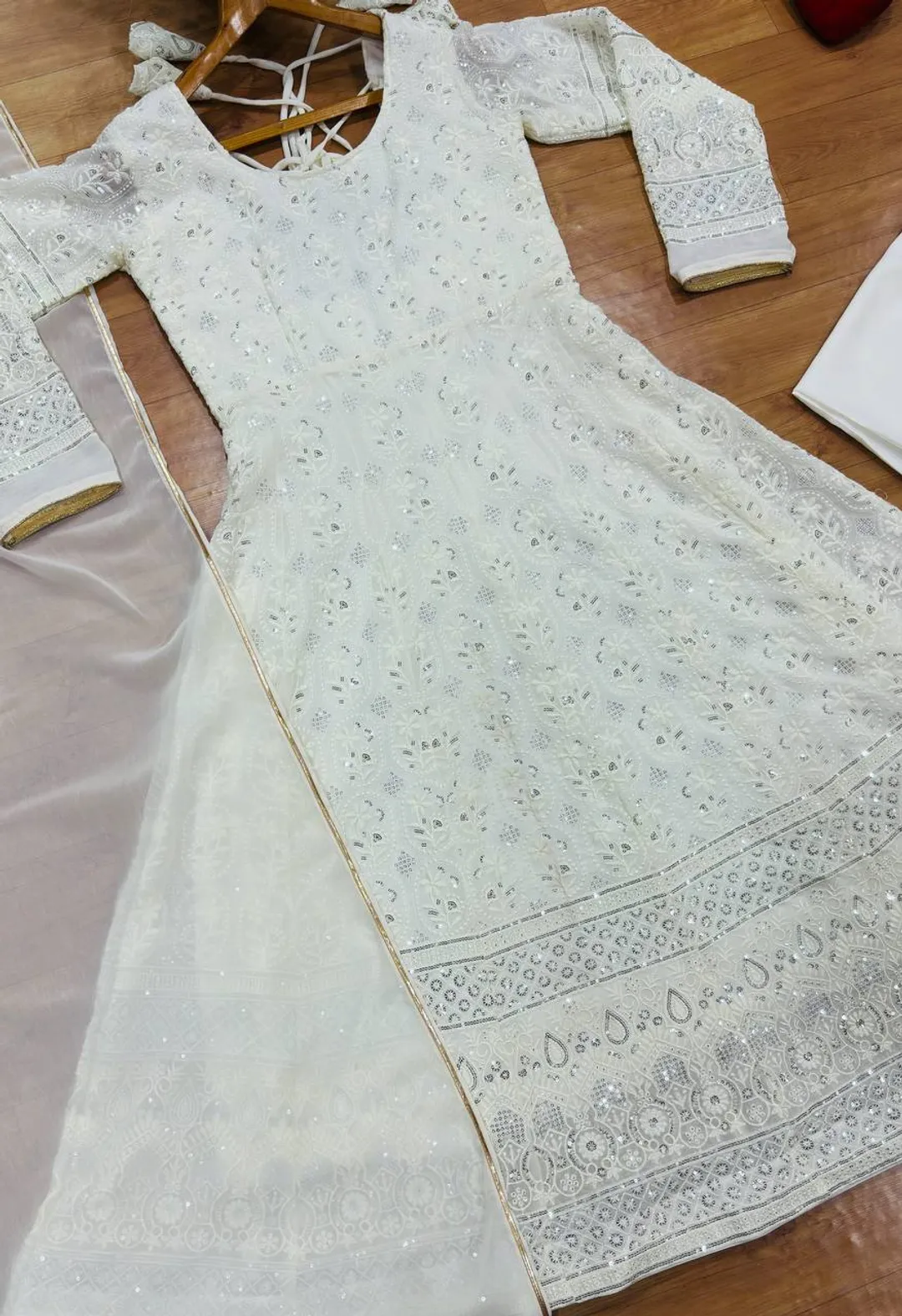 White Embroidered Anarkali Suit Set with Gota Patti Dupatta